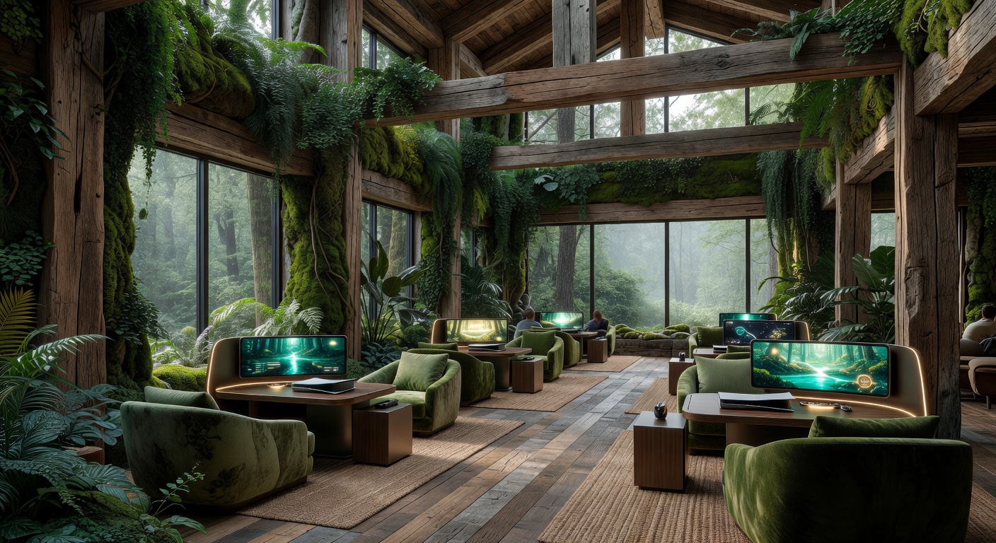 Elegant forest-inspired gaming lounge concept with natural textures and modern UI