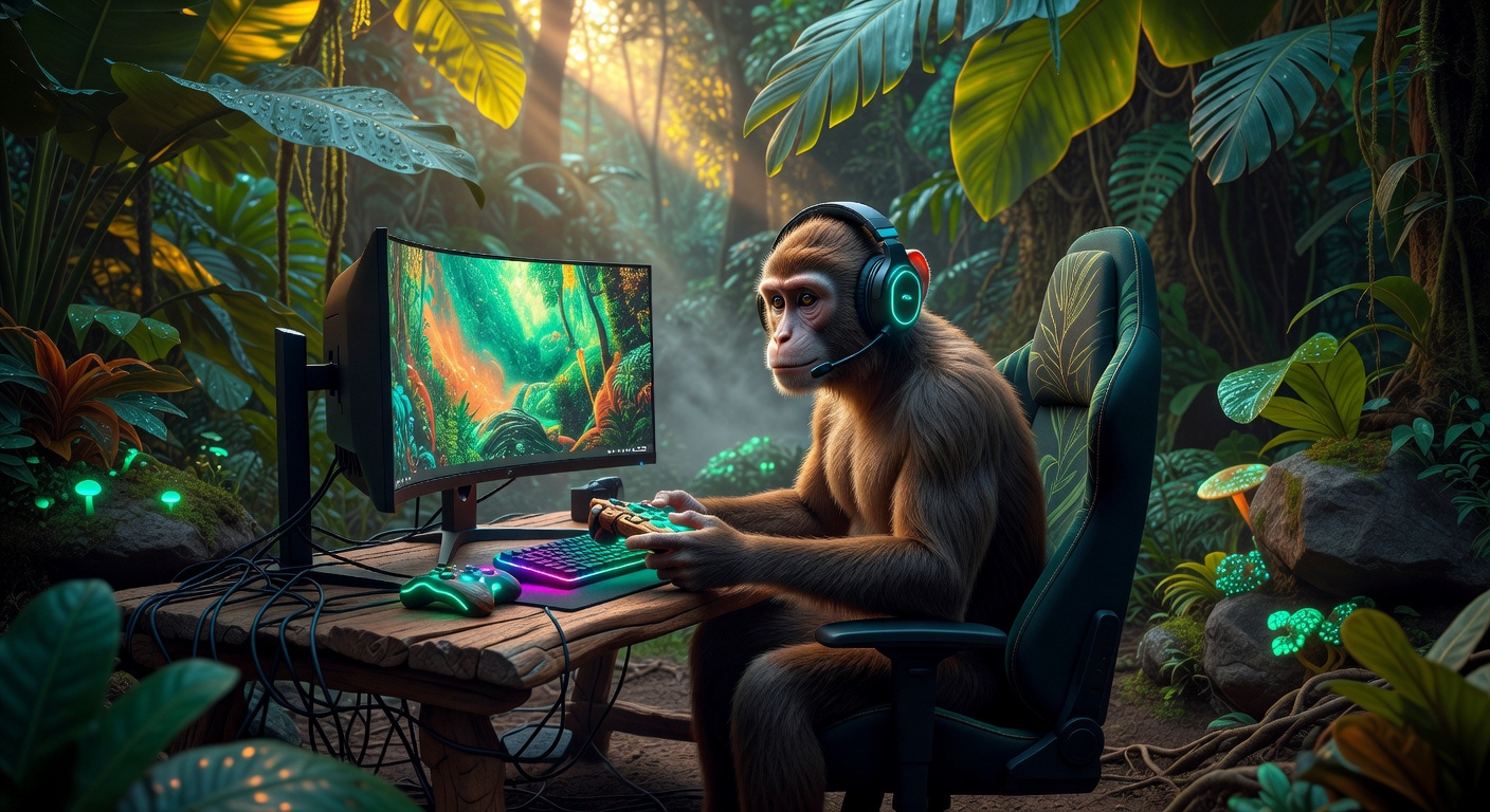 Stylized jungle canopy and monkey-themed gaming ambience with soft sunrise light